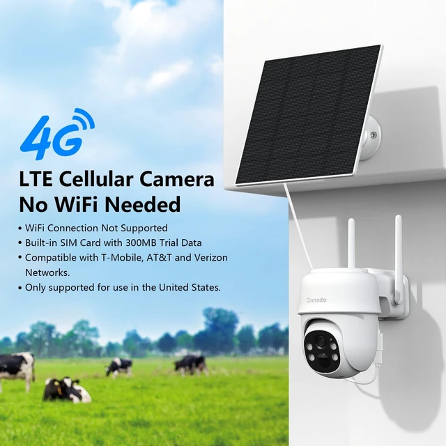 Alt view image 2 of 5 - Cinnado 4G LTE Cellular Security Camera-No WiFi Outdoor Camera Wireless with 5W Solar Panel, 2K 360 Color Night Vision, PIR Motion, TF Card Storage, Works with Alexa, SIM Card Included, B6 4G 1