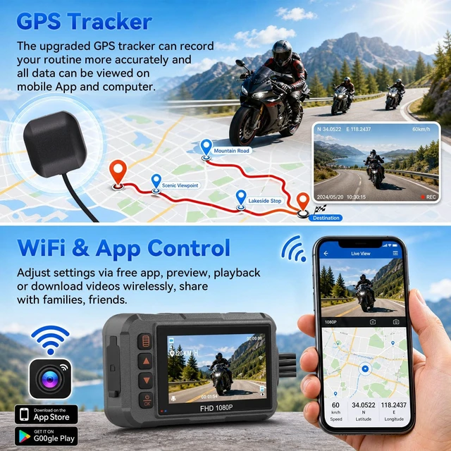 Alt view image 3 of 5 - SIXTOP Motorcycle Dash Cam Front and Rear, 1080P+1080P Dual Recording Motorbike DVR System with GPS, WiFi App Control, IP65 Waterproof 3 Inch IPS Screen Night Vision G-Sensor Loop Recording Wide Angle