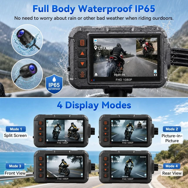 Alt view image 4 of 5 - SIXTOP Motorcycle Dash Cam Front and Rear, 1080P+1080P Dual Recording Motorbike DVR System with GPS, WiFi App Control, IP65 Waterproof 3 Inch IPS Screen Night Vision G-Sensor Loop Recording Wide Angle