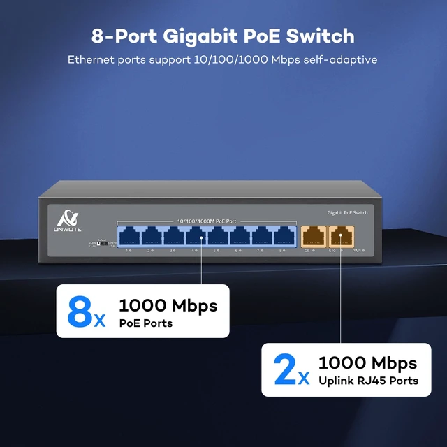 Alt view image 2 of 5 - ONWOTE 8 Ports Gigabit PoE Switch 93W, 10/100/1000Mbps Self-Adaptive