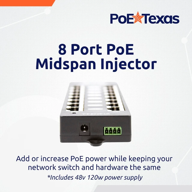 Alt view image 2 of 5 - PoE Texas 8-Port Gigabit PoE Injector with 48V 120W Supply