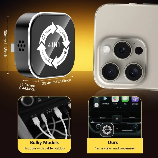 Alt view image 3 of 5 - Bctouza 4 in 1 Wireless Carplay Adapter, Wired to Wireless Adapter for Car Play& Android Auto&Airplay&Mirror Link,USB-A Plug with Type-C Extension,Mini Size and Compact