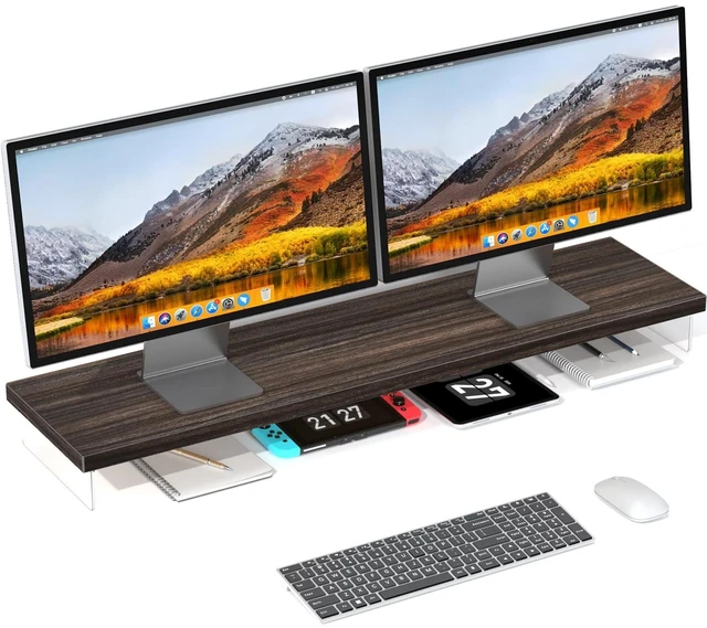 Main image of Dual Monitor Stand Riser, 40x10 in Wood & Acrylic Desktop Organizer Shelf