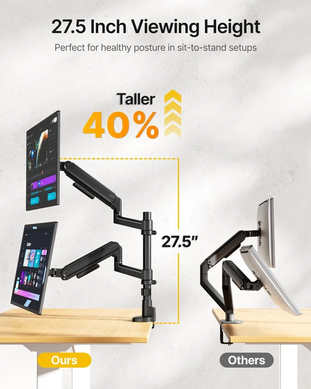 Alt view image 2 of 5 - monTEK Dual Monitor Arm, Vertical Stackable 1740" Full MotionBlack