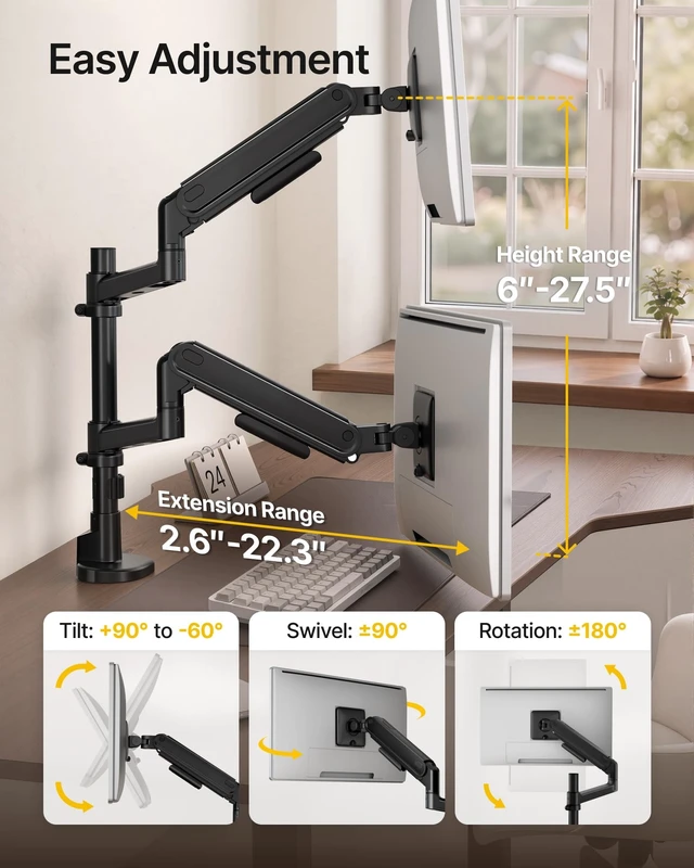 Alt view image 5 of 5 - monTEK Dual Monitor Arm, Vertical Stackable 1740" Full MotionBlack