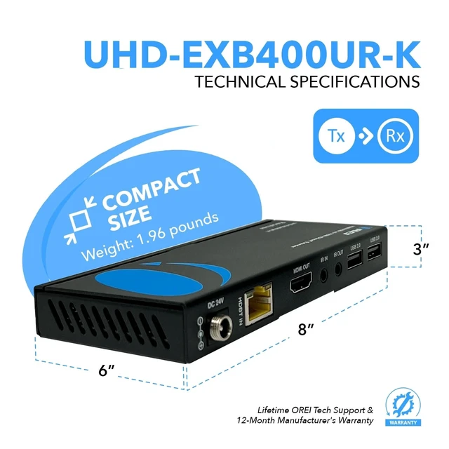 Alt view image 5 of 5 - OREI USB Over Ethernet Extender HDBaseT 4K@60Hz 400ft PoC, Two-Way IR, EDID