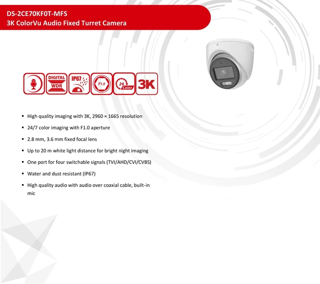 Alt view image 2 of 4 - DS-2CE70KF0T-MFS 3K 5MP ColorVu Turret Analog Camera 2.8mm 4 in 1 TVI