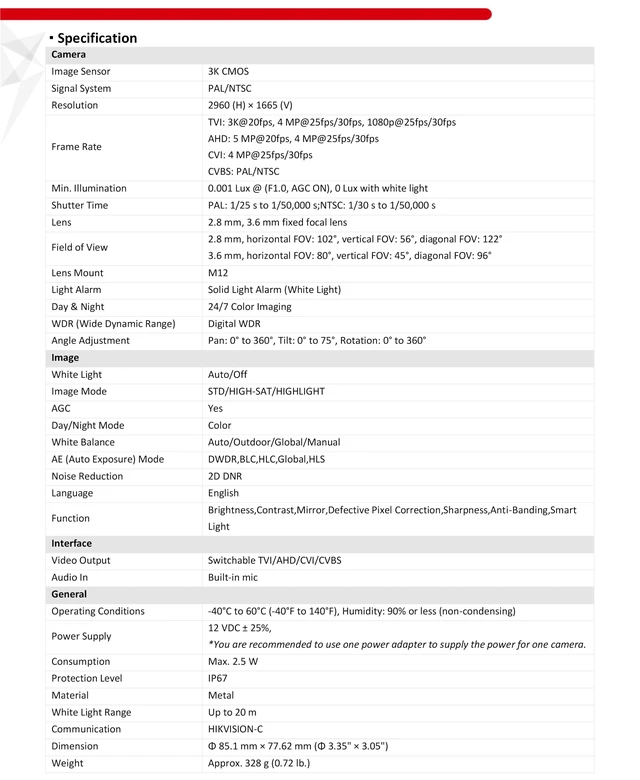 Alt view image 3 of 4 - DS-2CE70KF0T-MFS 3K 5MP ColorVu Turret Analog Camera 2.8mm 4 in 1 TVI