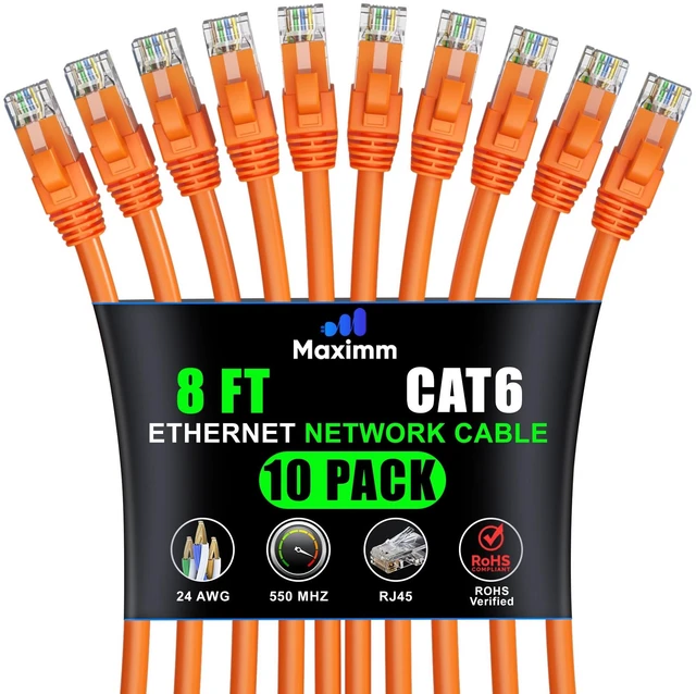 Main image of Maximm Cat6 Ethernet Cable 8 Ft, 10 Gbps 550 MHz, Orange, 10 Pack