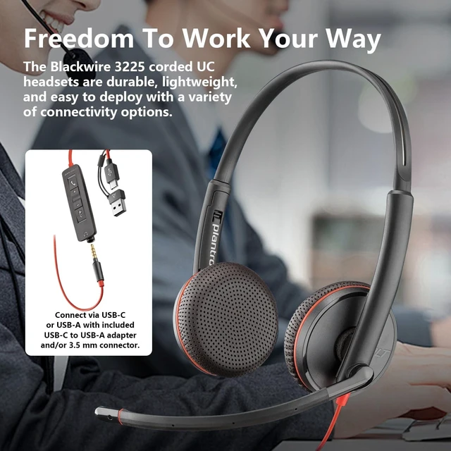 Alt view image 2 of 5 - HP Poly Blackwire C3225 Stereo Headset with USB-C & 3.5mm Connection, Noise Cancelling, Soundguard and Flexible Microphone Arm, Black
