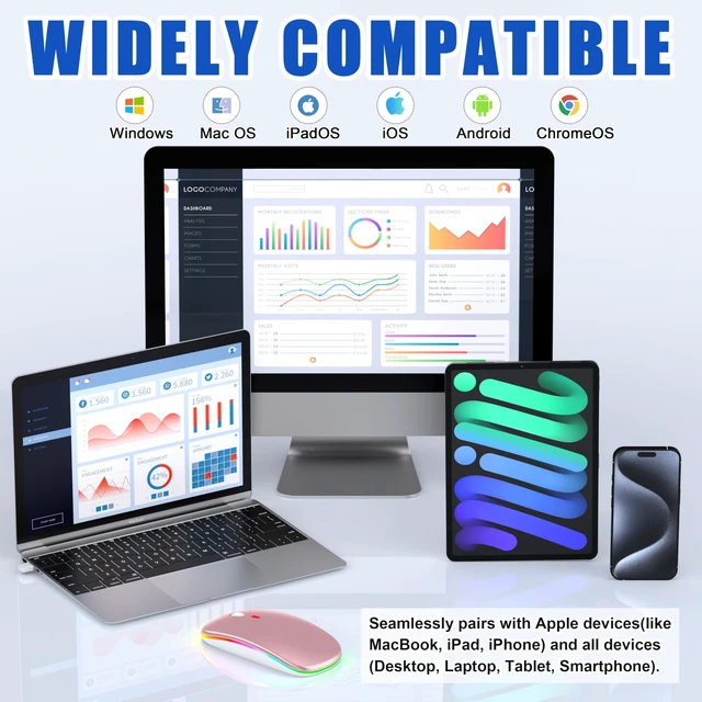 Alt view image 2 of 5 - Gizdot-R1 LED Wireless Mouse for MacBook & iPad, Bluetooth 5.2/2.4G, USB-C Rechargeable Silent Click, 800/1200/1600 DPI, 2-Device Switch, Slim Portable USB-A/C (LED Wireless Mouse, Rose