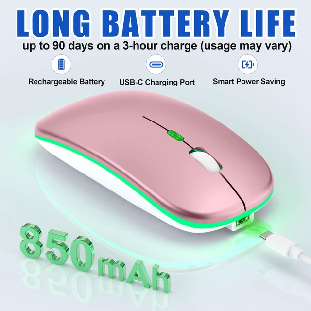 Alt view image 5 of 5 - Gizdot-R1 LED Wireless Mouse for MacBook & iPad, Bluetooth 5.2/2.4G, USB-C Rechargeable Silent Click, 800/1200/1600 DPI, 2-Device Switch, Slim Portable USB-A/C (LED Wireless Mouse, Rose