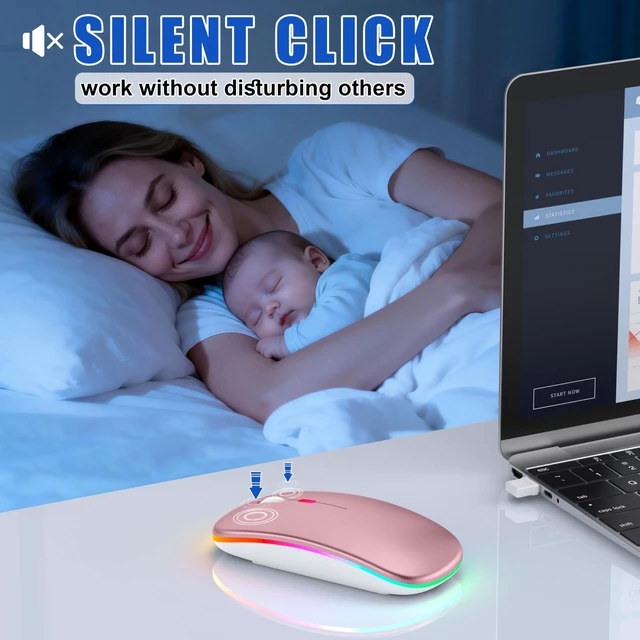 Alt view image 4 of 5 - Gizdot-R1 LED Wireless Mouse for MacBook & iPad, Bluetooth 5.2/2.4G, USB-C Rechargeable Silent Click, 800/1200/1600 DPI, 2-Device Switch, Slim Portable USB-A/C (LED Wireless Mouse, Rose