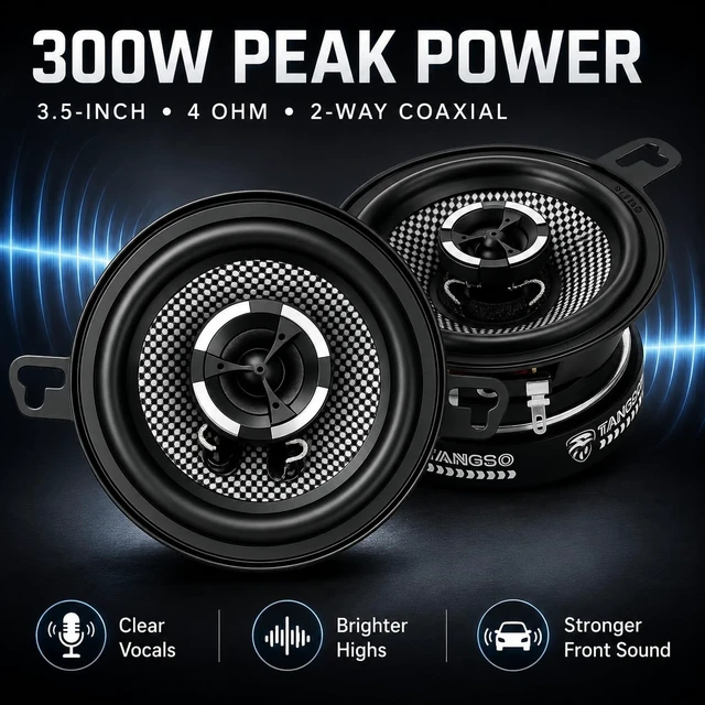 Alt view image 2 of 5 - TANVSO 3.5 Inch Car Speakers, 300W Peak 4 Ohm 3-1/2 2-Way Coaxial Speakers, Clear Dome Tweeter, Glass Fiber Cone, Loud Clear Sound for Dash, Center Speaker & Custom Car Audio, 2 Pack
