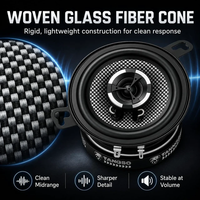 Alt view image 4 of 5 - TANVSO 3.5 Inch Car Speakers, 300W Peak 4 Ohm 3-1/2 2-Way Coaxial Speakers, Clear Dome Tweeter, Glass Fiber Cone, Loud Clear Sound for Dash, Center Speaker & Custom Car Audio, 2 Pack