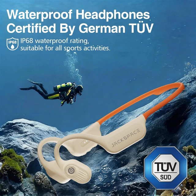Alt view image 3 of 4 - Diving & Swimming Bone Conduction Headphones IP68 Waterproof, Open-Ear, Built-in MP3 & Bluetooth 6.0, Magnetic Charging, TUV Certified 10m Diving, 15H Playback Orange