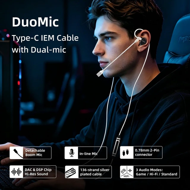 Alt view image 2 of 5 - Kefine DuoMic Type-C Gaming IEM Cable with Mic, Dual Detachable Boom Mic+Inline Mic, 3 Modes Smart Control with DAC, Silver-Plated Cable for Gamers (Silver, 0.78mm 2-Pin, USB-C)