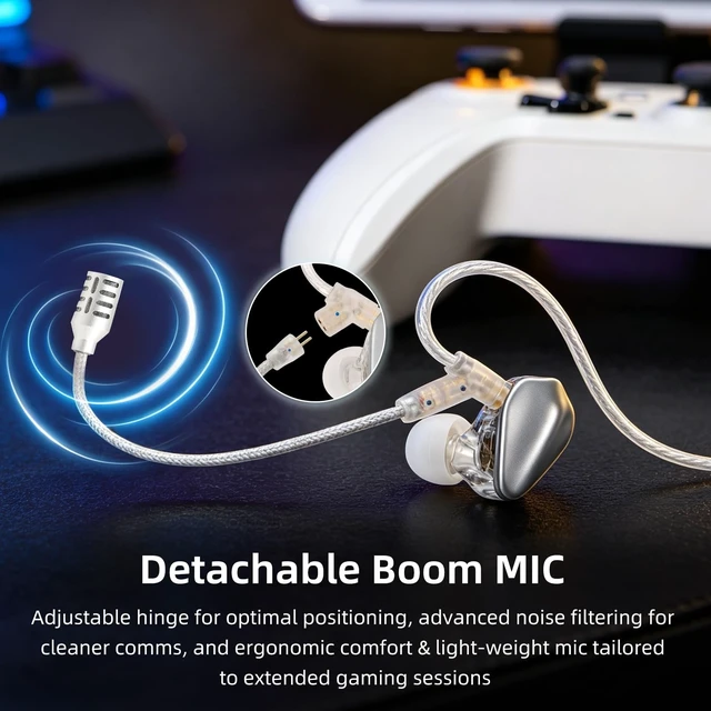 Alt view image 3 of 5 - Kefine DuoMic Type-C Gaming IEM Cable with Mic, Dual Detachable Boom Mic+Inline Mic, 3 Modes Smart Control with DAC, Silver-Plated Cable for Gamers (Silver, 0.78mm 2-Pin, USB-C)