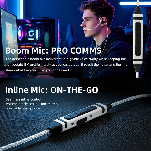 Alt view image 4 of 5 - Kefine DuoMic Type-C Gaming IEM Cable with Mic, Dual Detachable Boom Mic+Inline Mic, 3 Modes Smart Control with DAC, Silver-Plated Cable for Gamers (Silver, 0.78mm 2-Pin, USB-C)