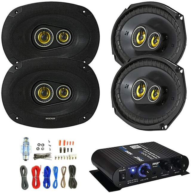 Main image of Car Speaker and Amp Combo: 4x Kicker CSC6934 900-Watt 6" x 9" Inch CS Series 3-Way Black Car Coaxial Speakers - Bundle With 400-Watts 4-Channel Bluetooth Amplifier, 8-Gauge Amp Install Wiring Kit