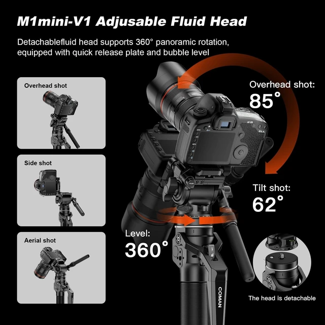 Alt view image 3 of 5 - COMAN M1mini Carbon Fiber Monopod for Camera, 4-Section One-Button Quick Release, Portable Camera Monopod with V1 Fluid Head for DSLR Mirrorless Cameras, Max Load 5kg, (M1mini-V1)