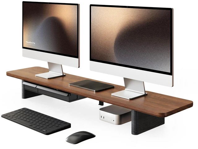Main image of Fenge 42.5" Dual Monitor Stand with Storage Drawer & Solid Wood Legs, Brown