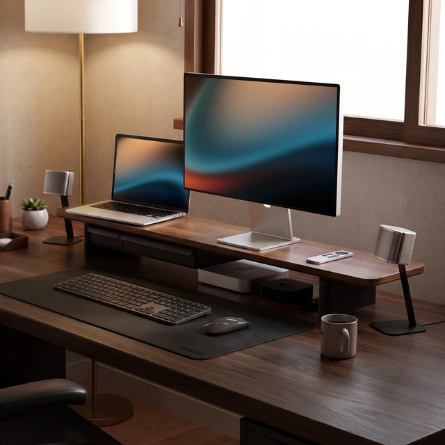 Alt view image 2 of 5 - Fenge 42.5" Dual Monitor Stand with Storage Drawer & Solid Wood Legs, Brown