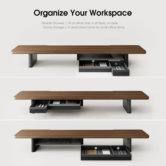Alt view image 5 of 5 - Fenge 42.5" Dual Monitor Stand with Storage Drawer & Solid Wood Legs, Brown