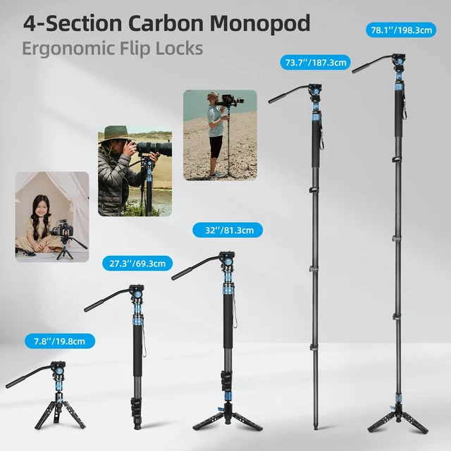 Alt view image 3 of 5 - SIRUI P-424FL Carbon Fiber Camera Monopod Kit, 78" Heavy Duty Professional Video Monopod with VA-5 Fluid Video Head, Tripod Base, Flip Locks for DSLR Camera