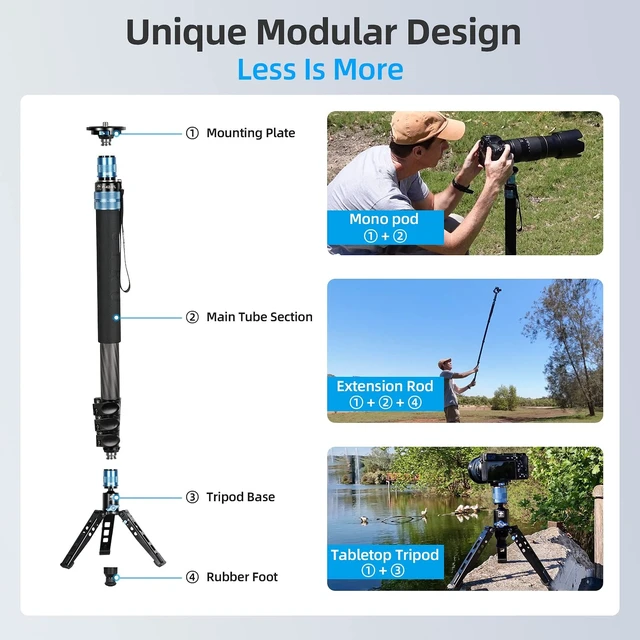 Alt view image 5 of 5 - SIRUI P-424FL Carbon Fiber Camera Monopod Kit, 78" Heavy Duty Professional Video Monopod with VA-5 Fluid Video Head, Tripod Base, Flip Locks for DSLR Camera