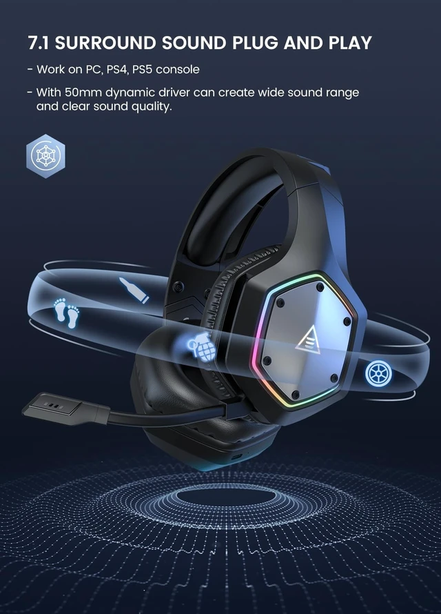 Alt view image 2 of 5 - EKSA Wireless Gaming Headset, 2.4GHz USB Gaming Headphones with Microphone for PC, PS5, PS4, Nintendo Switch, 7.1 Surround Sound PC Headset, RGB Light, Ergonomic Design, 3.5mm Wired for Xbox Se