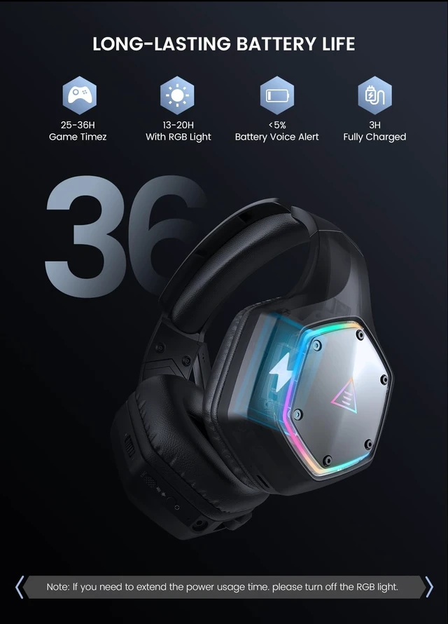 Alt view image 5 of 5 - EKSA Wireless Gaming Headset, 2.4GHz USB Gaming Headphones with Microphone for PC, PS5, PS4, Nintendo Switch, 7.1 Surround Sound PC Headset, RGB Light, Ergonomic Design, 3.5mm Wired for Xbox Se