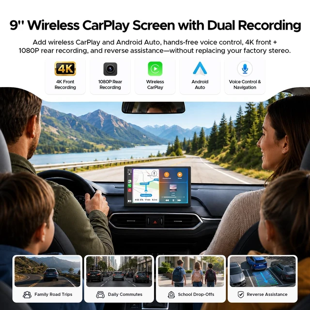 Alt view image 2 of 5 - Topexplore 9-Inch Wireless CarPlay Screen with 4K+1080P Dash Cam