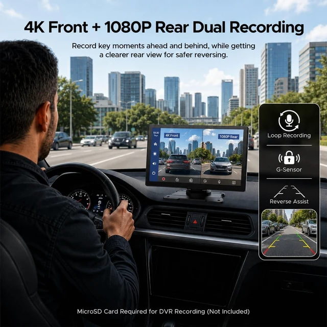 Alt view image 3 of 5 - Topexplore 9-Inch Wireless CarPlay Screen with 4K+1080P Dash Cam