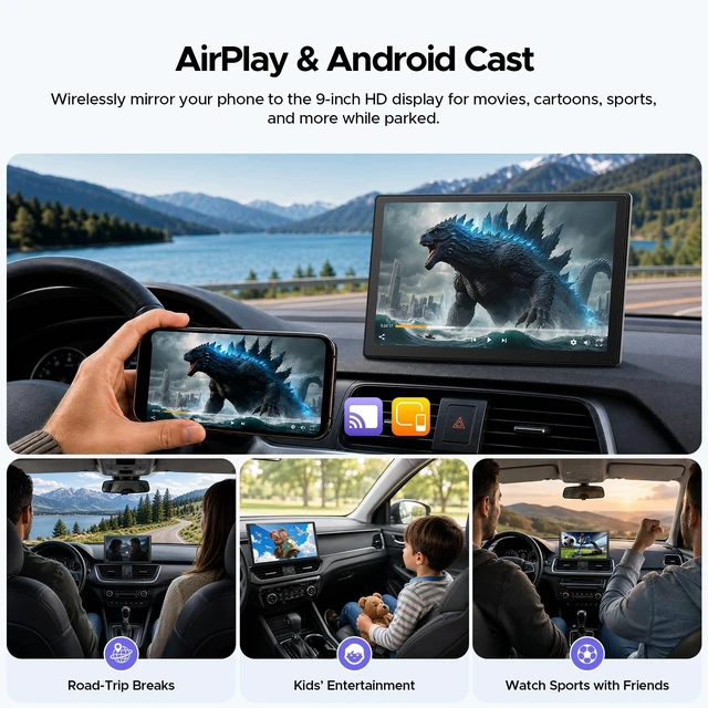 Alt view image 5 of 5 - Topexplore 9-Inch Wireless CarPlay Screen with 4K+1080P Dash Cam