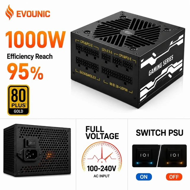 Alt view image 2 of 5 - Evounic 1000W Gaming Power Supply,Fully Modular 80 Plus Gold Certification, ATX 3.1 PSU, Support for PCIe 5.1 GPUs, semi-Passive 120mm Fan, LLC Technology, Single Rail, for Overclocked GPUs