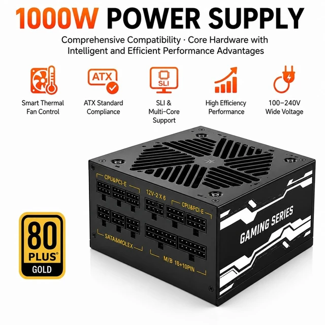 Alt view image 4 of 5 - Evounic 1000W Gaming Power Supply,Fully Modular 80 Plus Gold Certification, ATX 3.1 PSU, Support for PCIe 5.1 GPUs, semi-Passive 120mm Fan, LLC Technology, Single Rail, for Overclocked GPUs