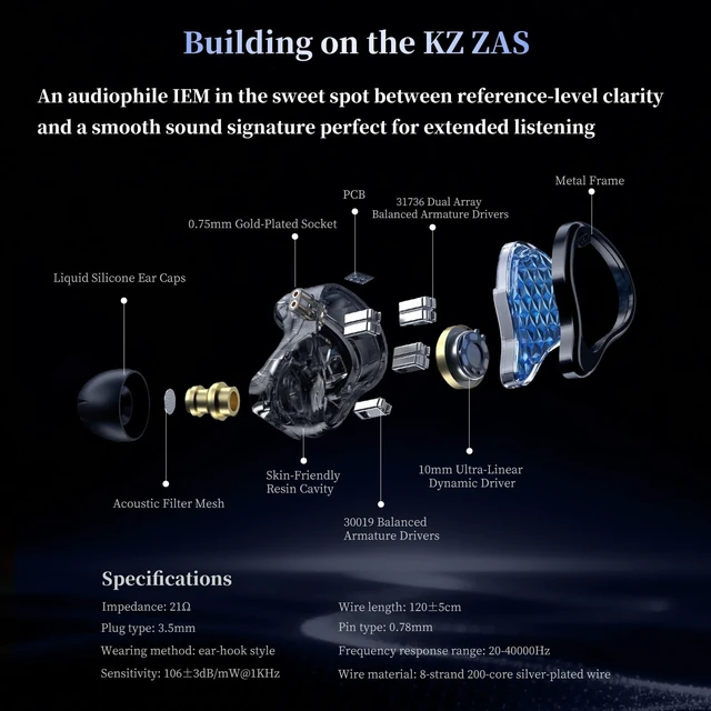 Alt view image 3 of 5 - KZ ZAS Pro 7BA+1DD in Ear Monitor, 3.5mm Jack HiFi IEM with Mic, Black