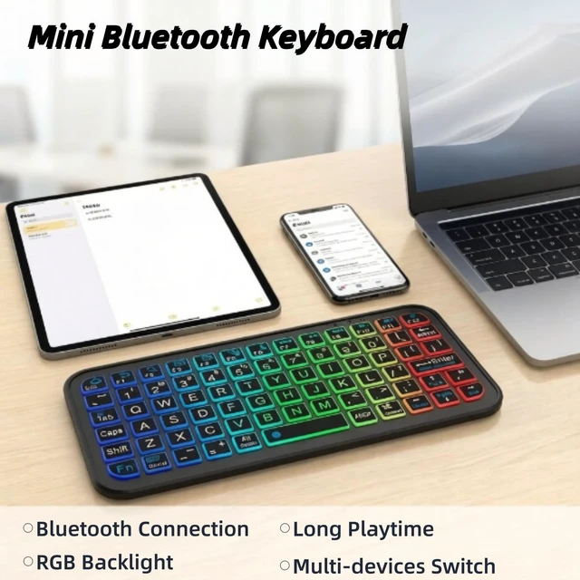Alt view image 2 of 5 - Mini Bluetooth Keyboard,Ultra Small Wireless Keyboard with 7 RGB Backlights,Portable Compact Pocket Slim Handheld Cordless Keypad Air Mouse for Gaming Laptop Android Windows Mac Smartphone Trav