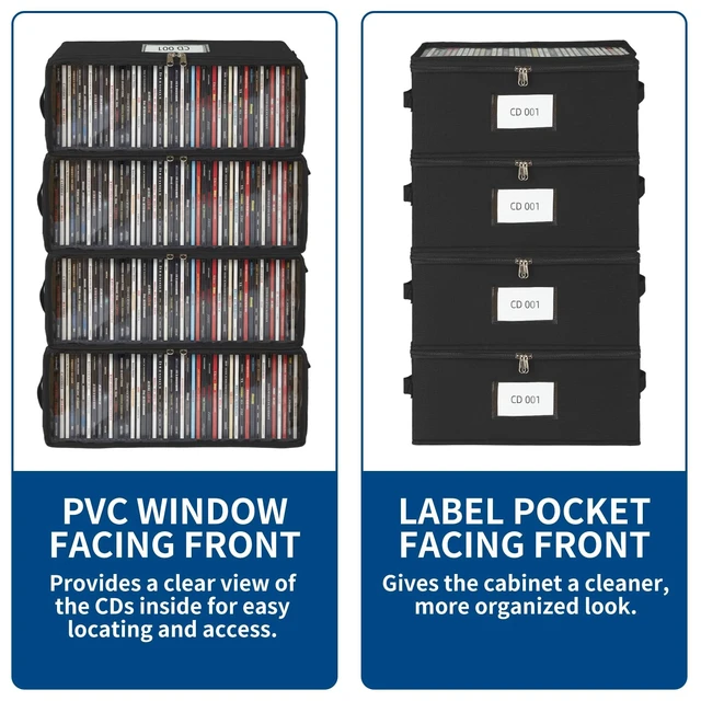 Alt view image 2 of 5 - ComfortKeeper 4 Pack Fabric CD Storage Box with Clear PVC Lid, Holds 35 Standard CD Cases, Zipper Closure for Dust Protection, Portable CD Organizer for Music Collection, Black