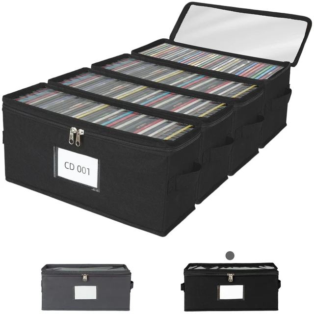 Main image of ComfortKeeper 4 Pack Fabric CD Storage Box with Clear PVC Lid, Holds 35 Standard CD Cases, Zipper Closure for Dust Protection, Portable CD Organizer for Music Collection, Black