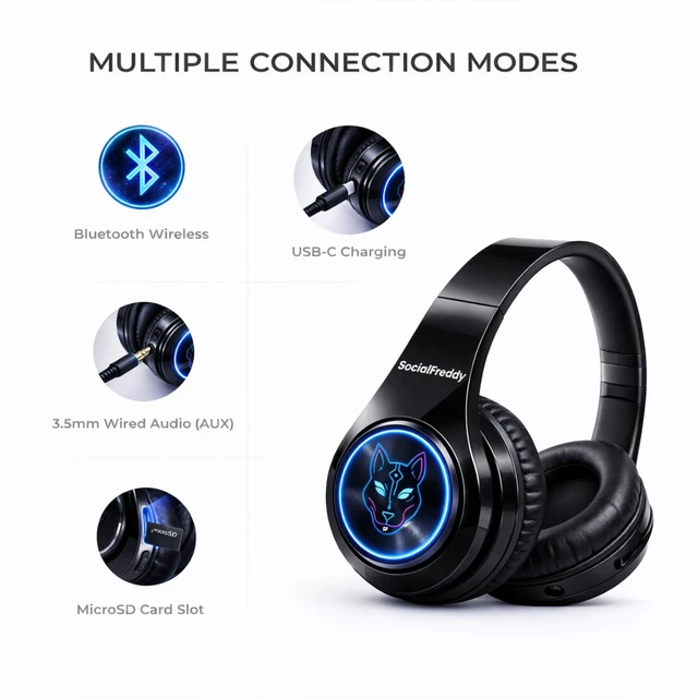 Alt view image 4 of 5 - SocialFreddy Pulse Wireless Bluetooth On-Ear Headphones with Color-Changing LED Light Ring, Deep Bass Stereo Sound, Foldable Design, USB-C Charging, EVA Case, AUX Cable & Keychain