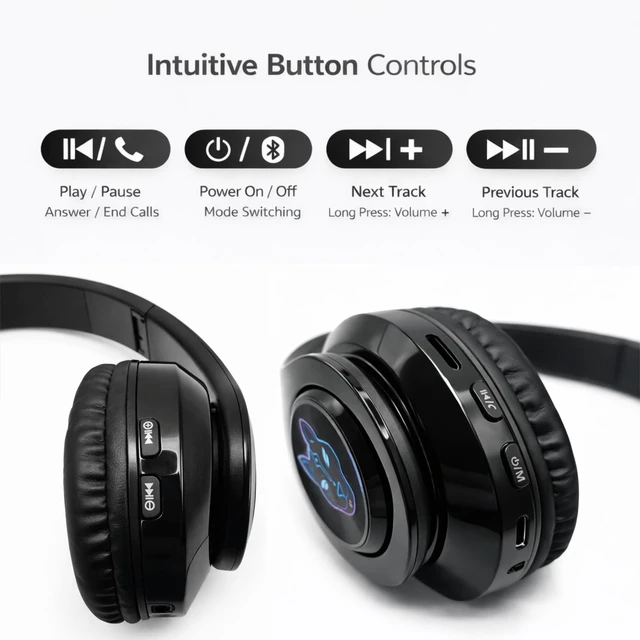 Alt view image 5 of 5 - SocialFreddy Pulse Wireless Bluetooth On-Ear Headphones with Color-Changing LED Light Ring, Deep Bass Stereo Sound, Foldable Design, USB-C Charging, EVA Case, AUX Cable & Keychain