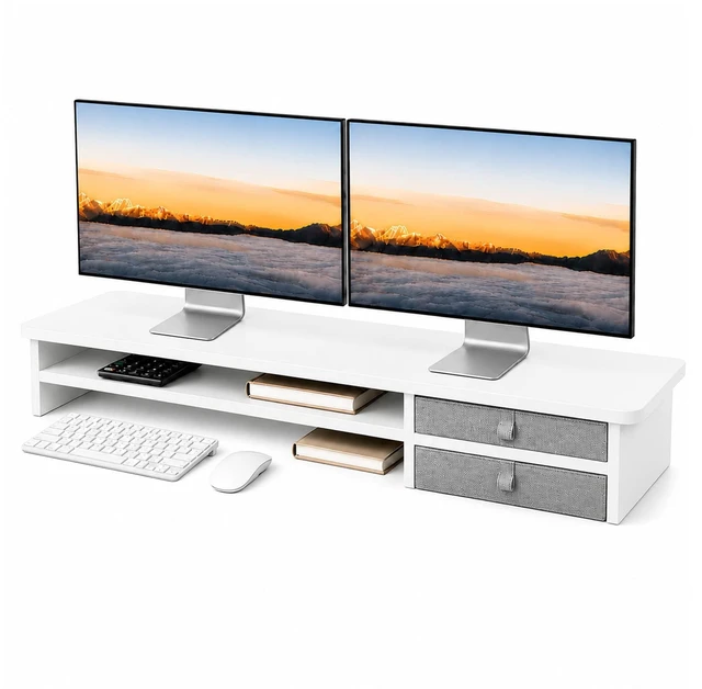 Main image of ExaDesk Dual Monitor Stand, 42.5 Inch Wood Monitor Riser with Drawers, 2 Tier Desktop Organizer for Computer Laptop TV, Large Screen Stand for Home Office Desk