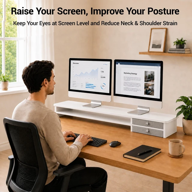 Alt view image 3 of 5 - ExaDesk Dual Monitor Stand, 42.5 Inch Wood Monitor Riser with Drawers, 2 Tier Desktop Organizer for Computer Laptop TV, Large Screen Stand for Home Office Desk