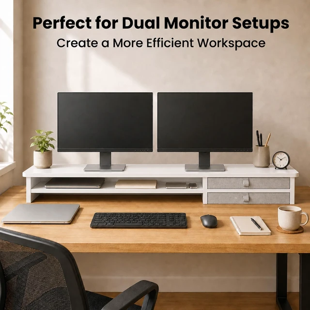 Alt view image 5 of 5 - ExaDesk Dual Monitor Stand, 42.5 Inch Wood Monitor Riser with Drawers, 2 Tier Desktop Organizer for Computer Laptop TV, Large Screen Stand for Home Office Desk