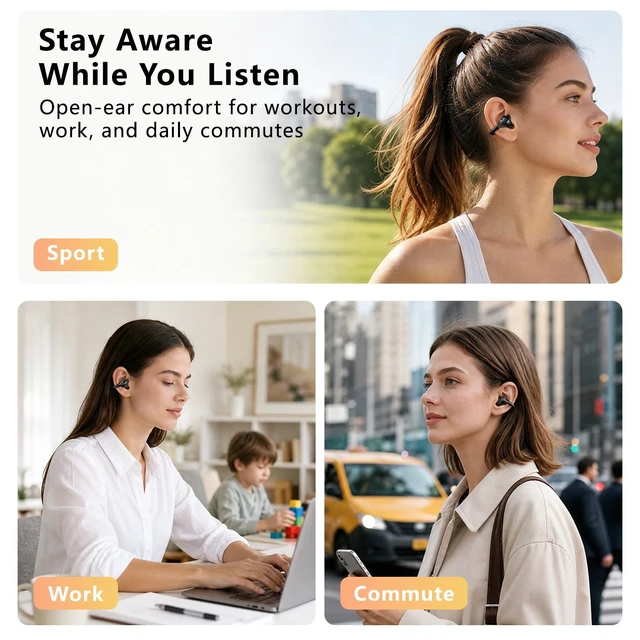 Alt view image 4 of 5 - UDFINE Open Ear Earbuds, Clip-on semi-Open Design fits All Ear Shapes, Lightweight Wireless Headphones with ENC Noise Cancellation, Bluetooth 6.0, IPX5 Waterproof, FlexClip (Black)