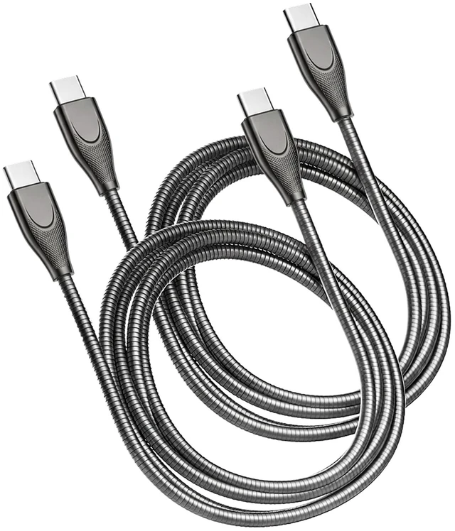 Main image of PetYoYo Pet-Proof USB-C to USB-C Cable 2-Pack, 100W PD, 6.6ft Anti-Chew Metal Armor Cord for iPhone 16, iPad, MacBook - Gray