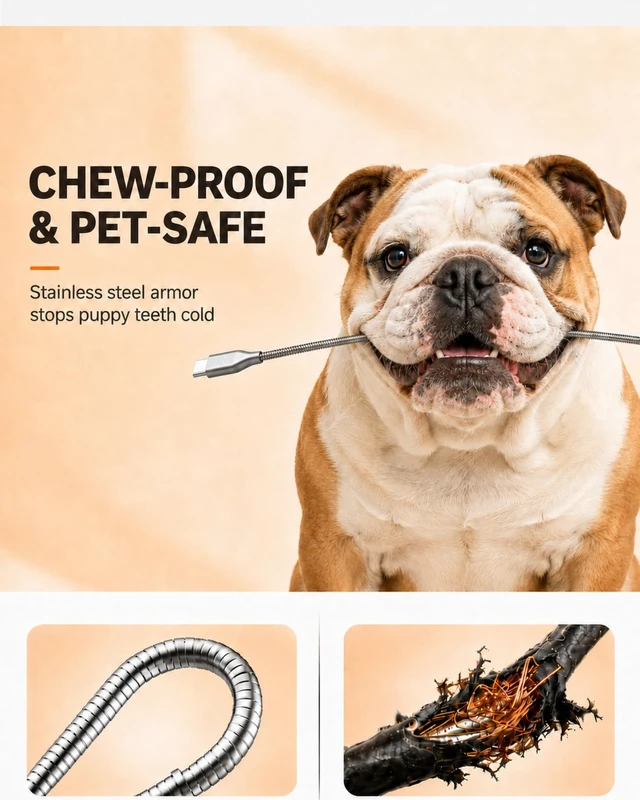 Alt view image 2 of 5 - PetYoYo Pet-Proof USB-C to USB-C Cable 2-Pack, 100W PD, 6.6ft Anti-Chew Metal Armor Cord for iPhone 16, iPad, MacBook - Gray
