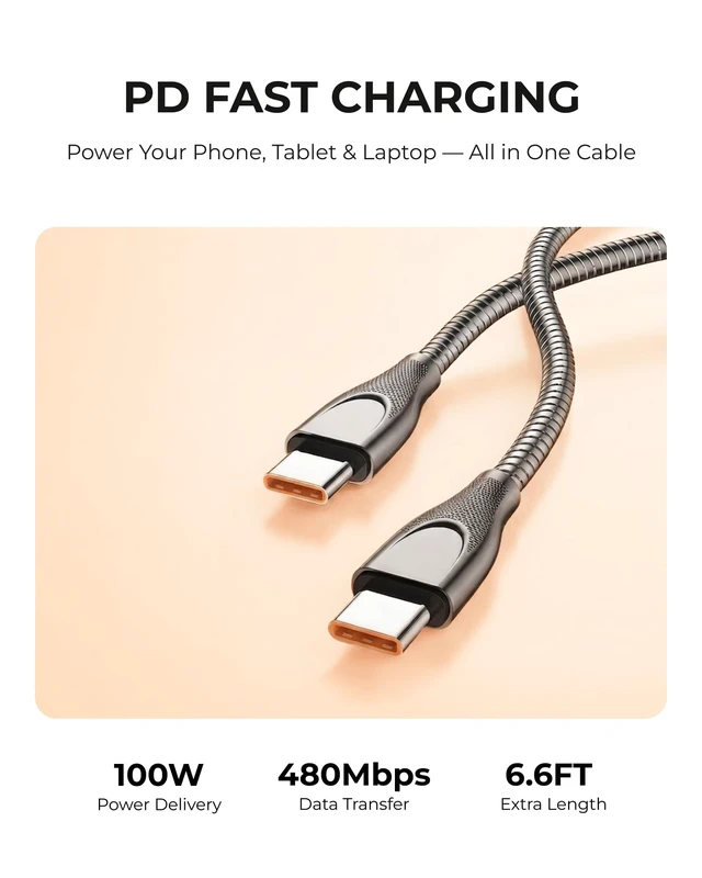 Alt view image 5 of 5 - PetYoYo Pet-Proof USB-C to USB-C Cable 2-Pack, 100W PD, 6.6ft Anti-Chew Metal Armor Cord for iPhone 16, iPad, MacBook - Gray